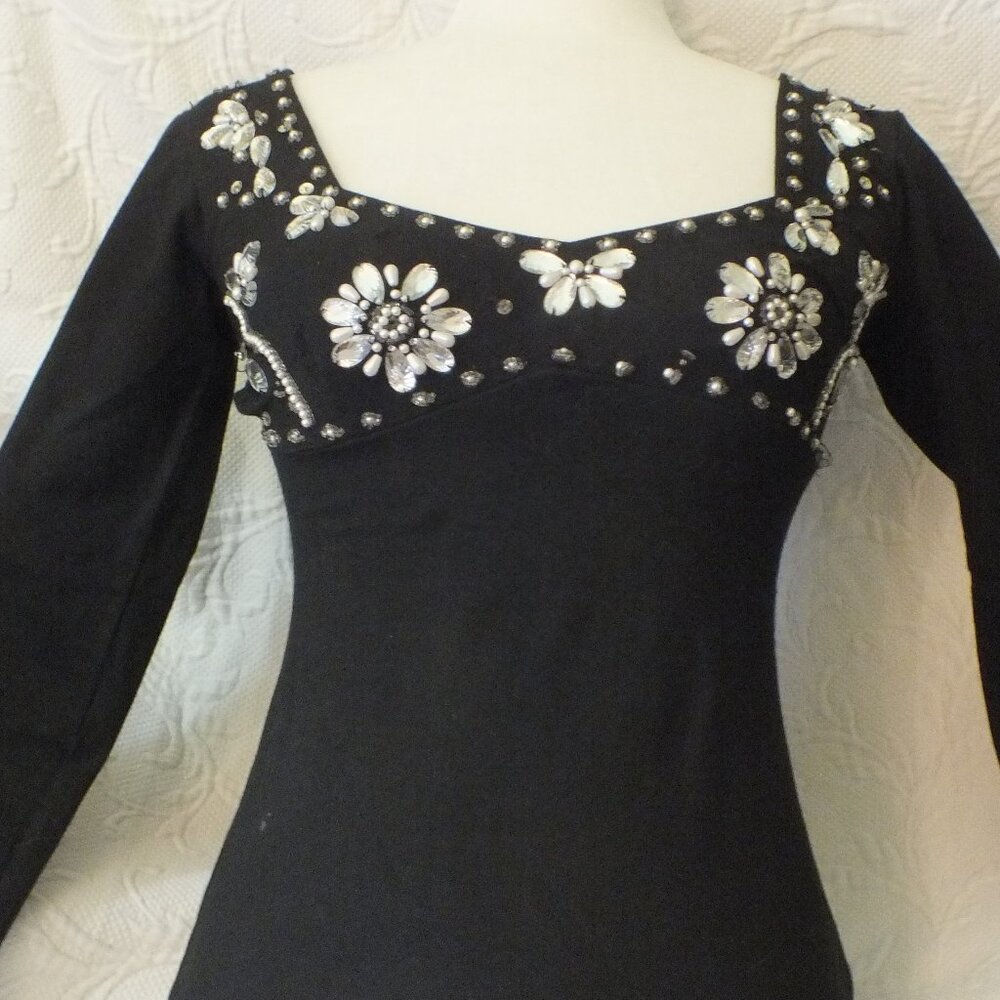 80's Vintage Blouse/Top Black in SZ S with Crystal, Pearl and Sequin by Hunza